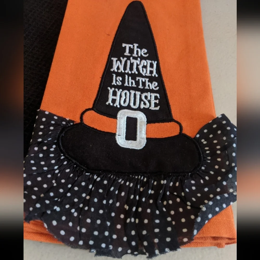 Halloween Vintage Style Kitchen Towel Decor Witchy Spooky Orange Black